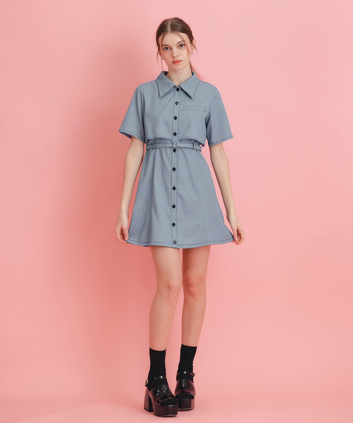 レイヤードライクコントラストフレアミニワンピース