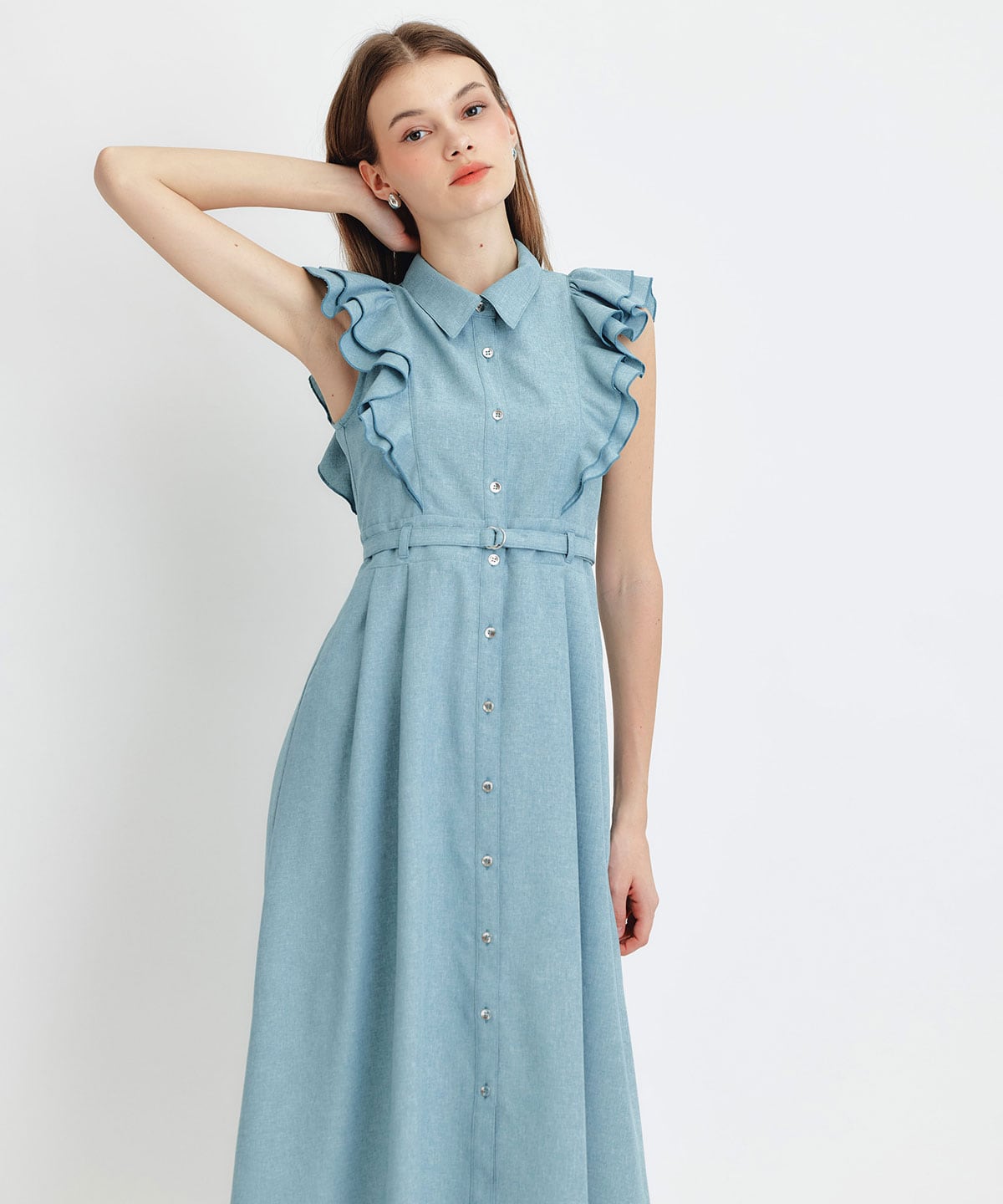 フリルシャツフレアロングワンピース