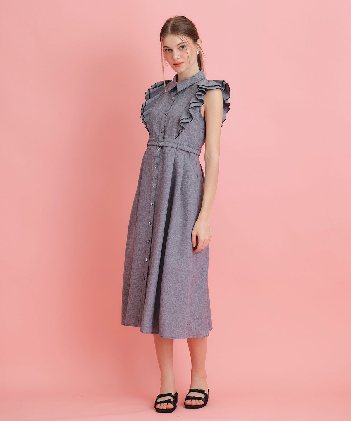 フリルシャツフレアロングワンピース