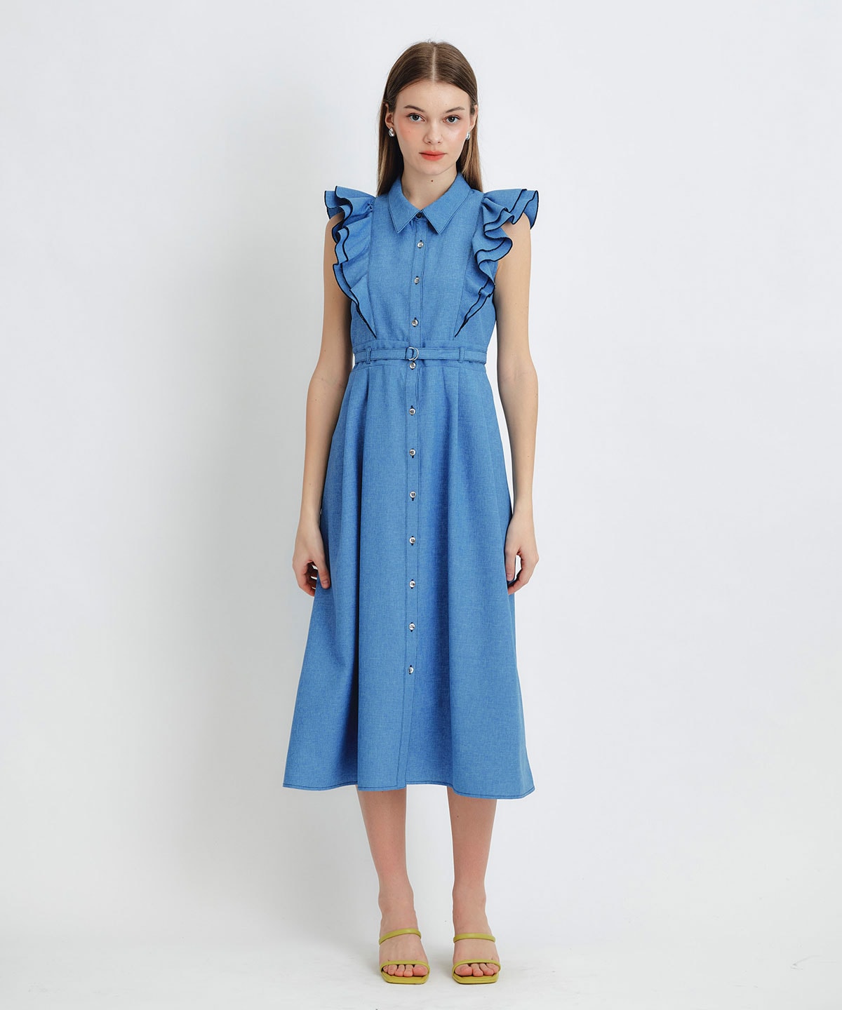 フリルシャツフレアロングワンピース