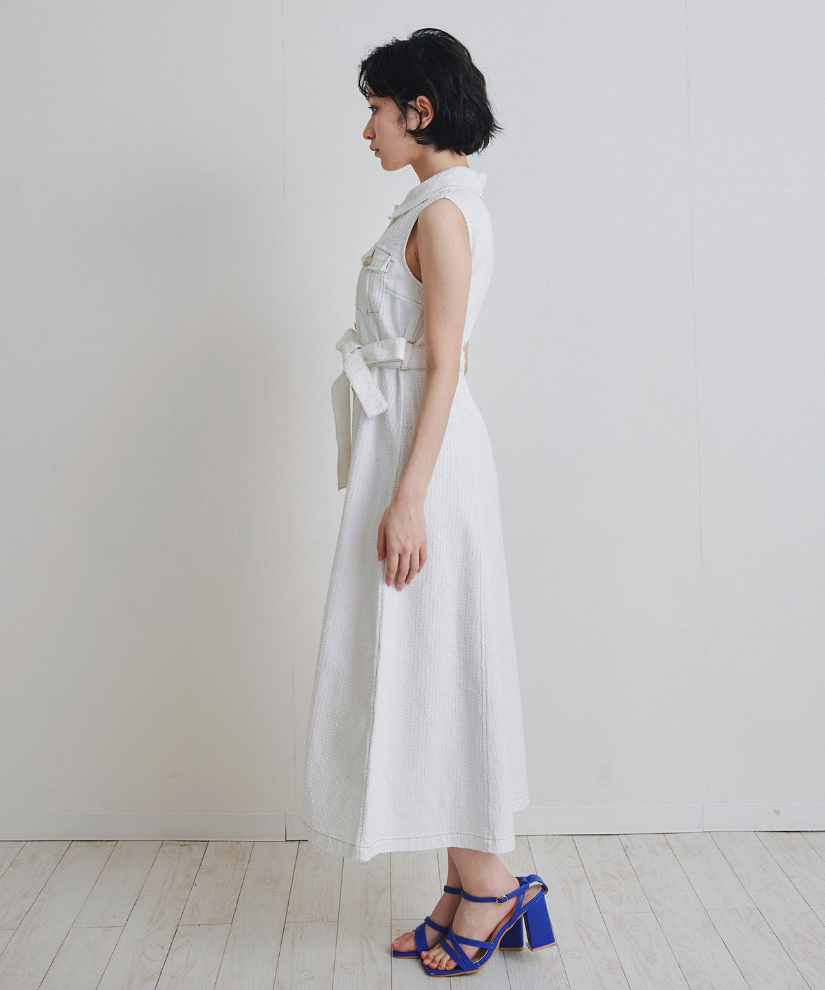レーザーカットデニムロングシャツワンピース