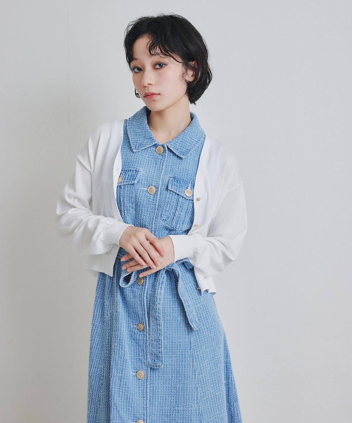 レーザーカットデニムロングシャツワンピース