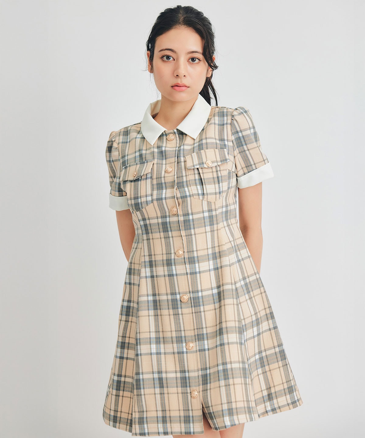 バイカラーチェックミニフレアシャツワンピース