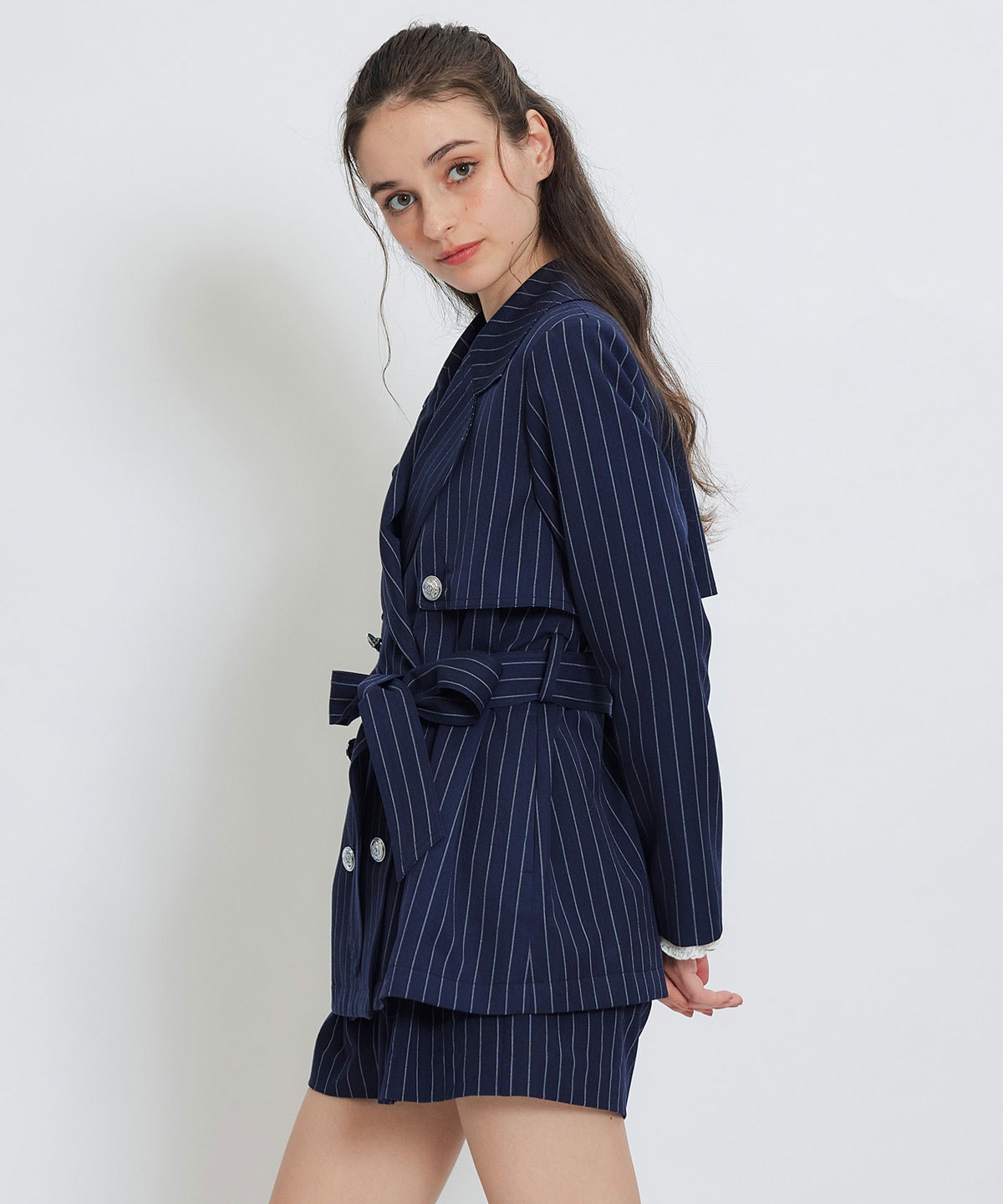 【セットアップ可能】2WAYエンブレムボタンミドルトレンチコート