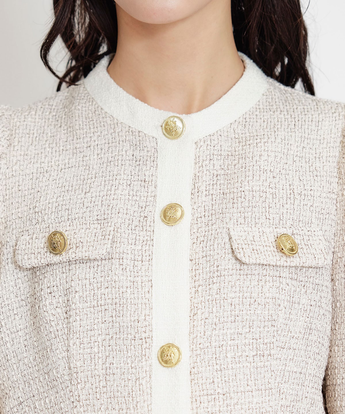 【セットアップ可能】スプリングツイードノーカラージャケット