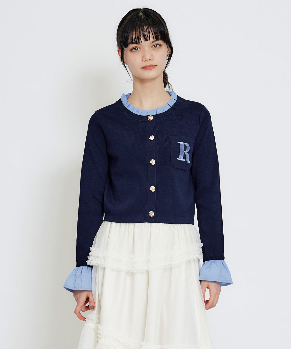 Rフリルレイヤードニットカーディガン