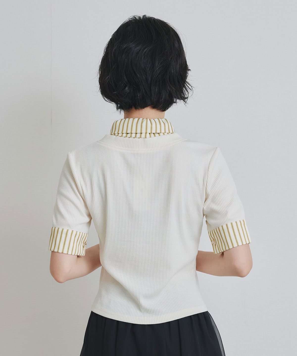 ストライプリボンタイレイヤードニットトップス