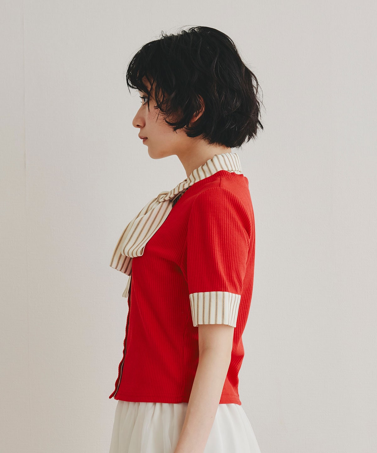 ストライプリボンタイレイヤードニットトップス