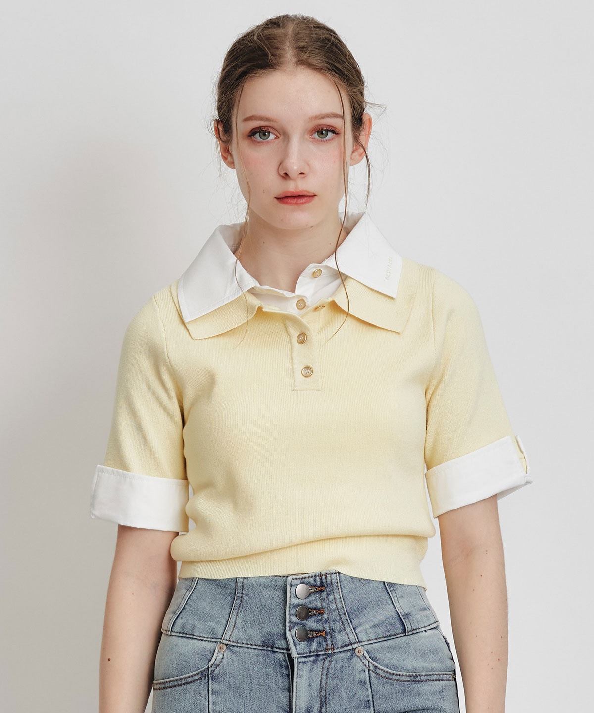 ダブルカラーハーフスリーブニットプルオーバー