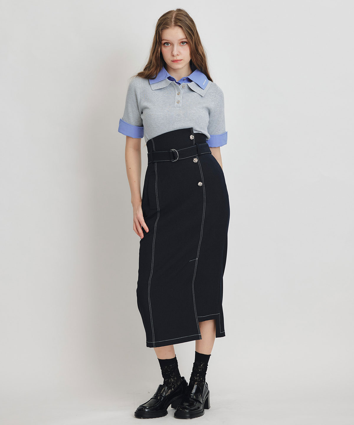 ダブルカラーハーフスリーブニットプルオーバー