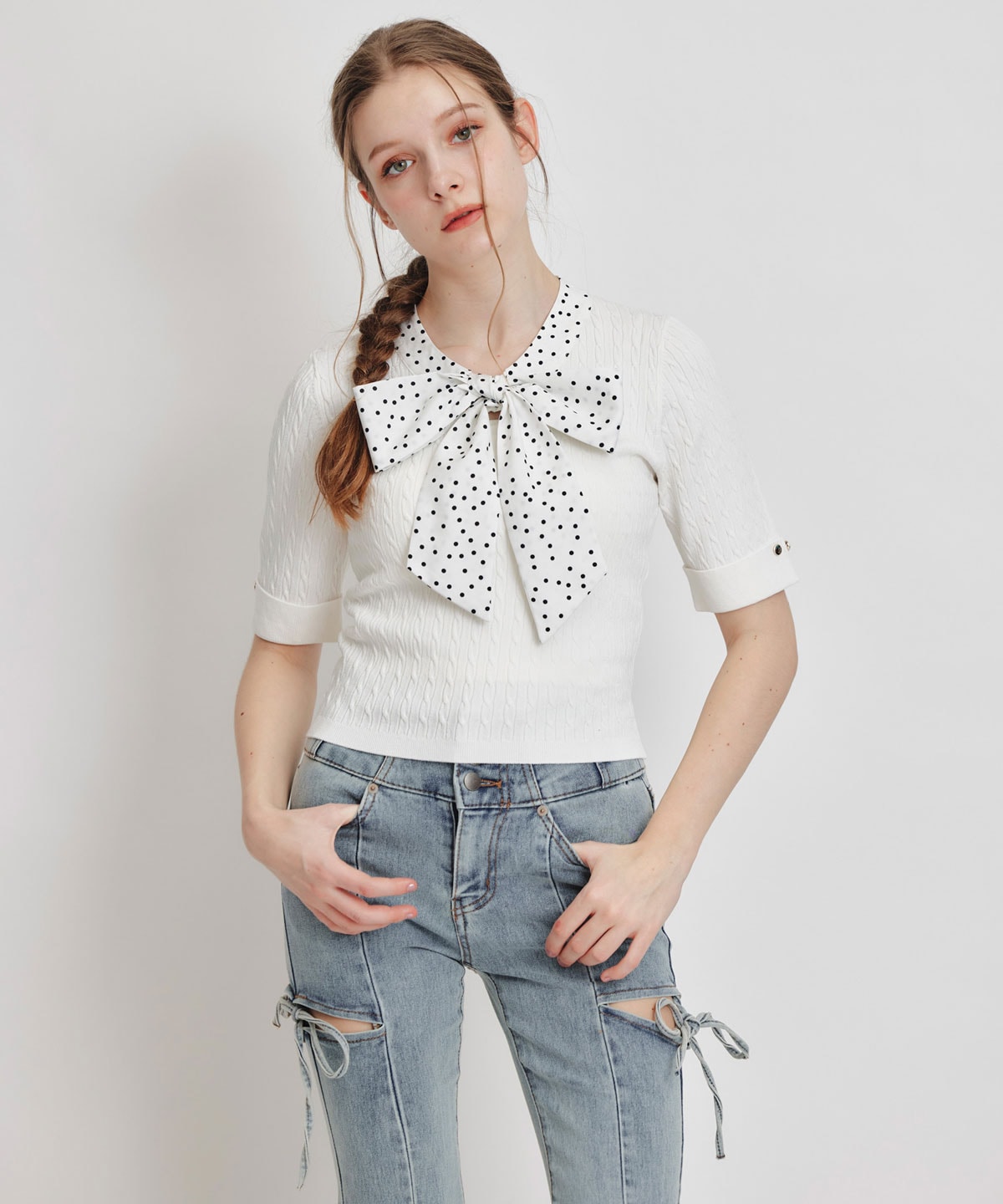 ケーブルリボンタイハーフスリーブニットプルオーバー