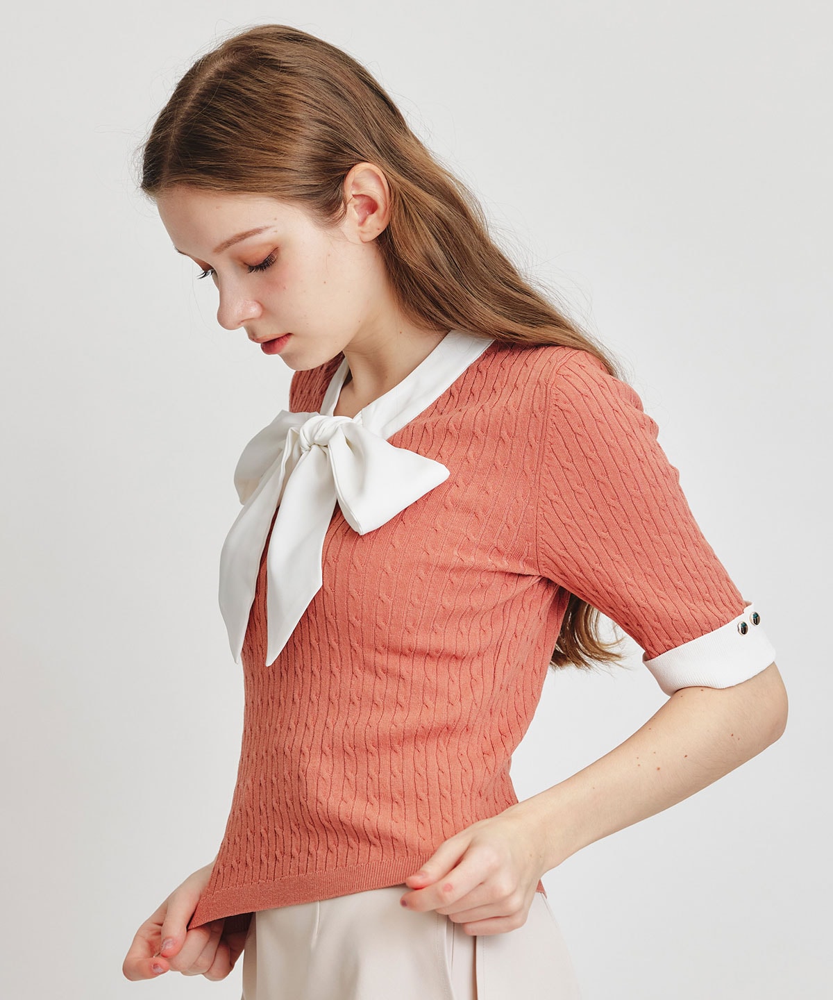 ケーブルリボンタイハーフスリーブニットプルオーバー