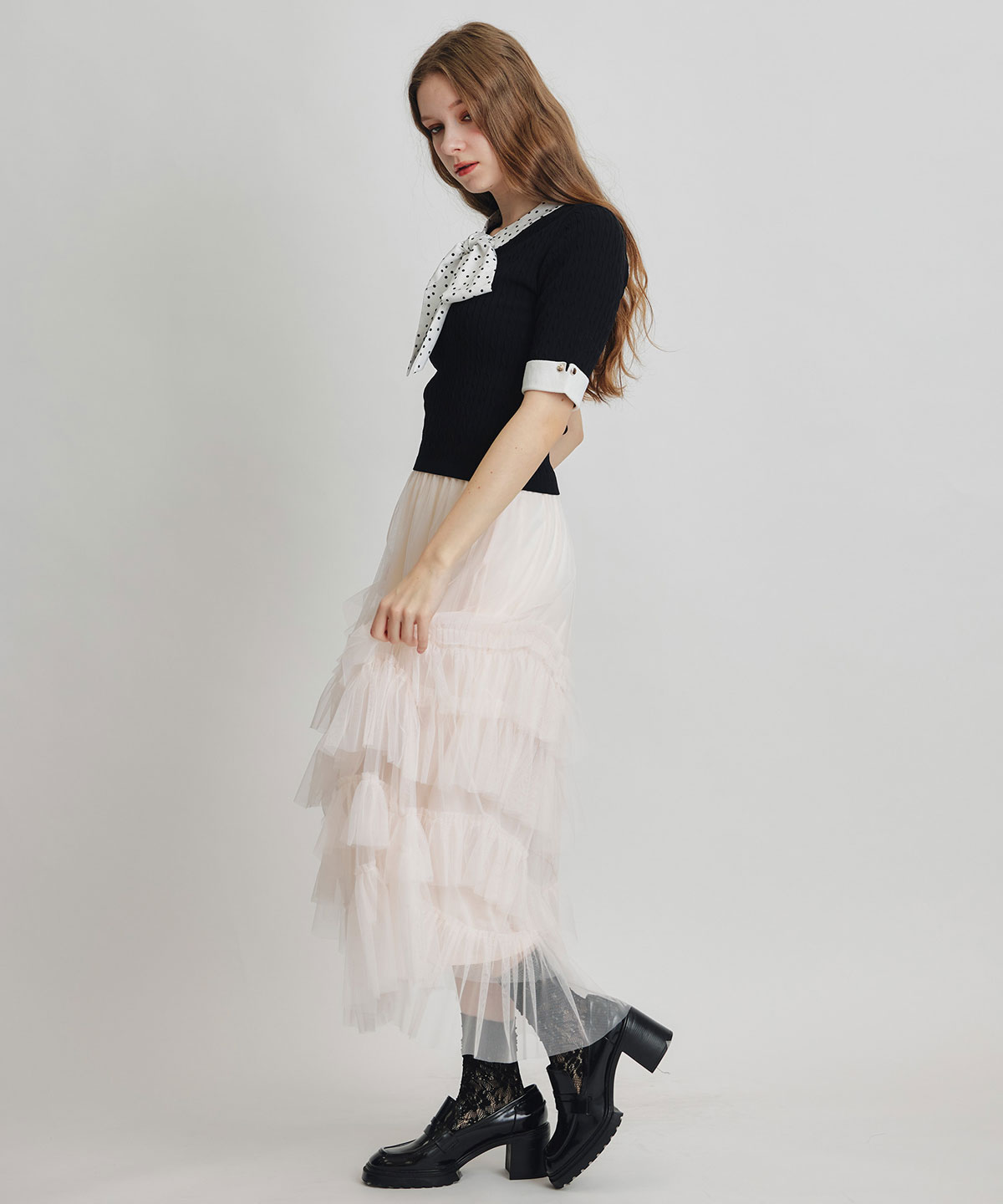 ケーブルリボンタイハーフスリーブニットプルオーバー