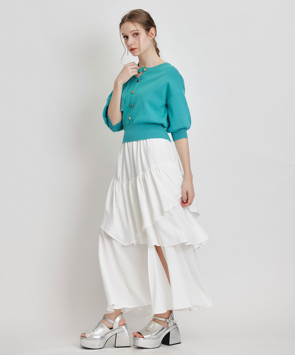 アシメカットデザインハーフスリーブニットプルオーバー