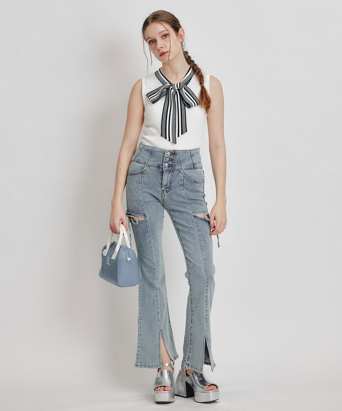 ストライプリボンタイリブニットノースリーブ