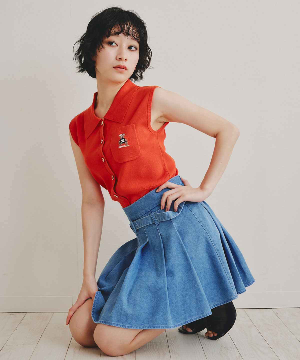 Azelyポロニットノースリーブプルオーバー