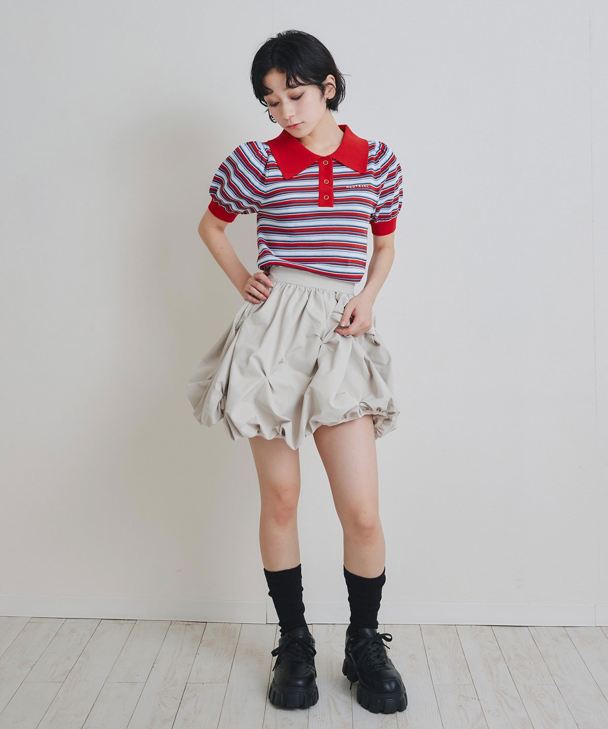 パフスリーブポロニットプルオーバー