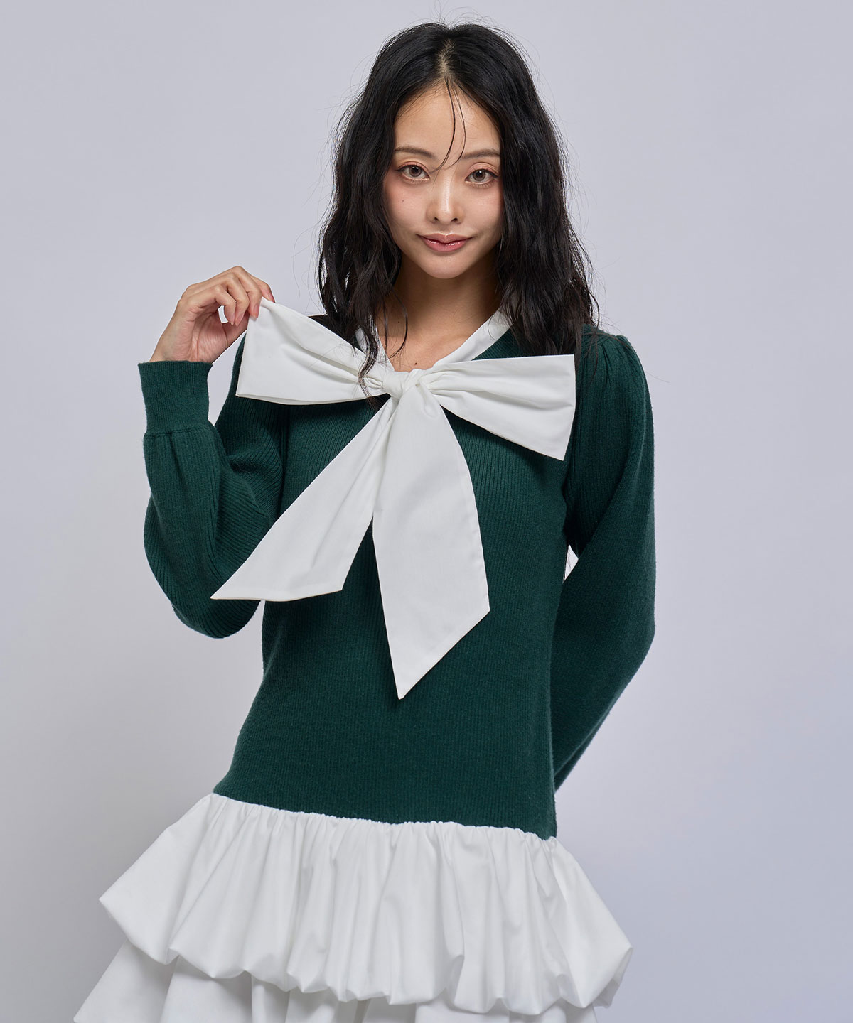 【=LOVE 大場花菜さん着用】ビッグリボンティアードニットシャツミニワンピース
