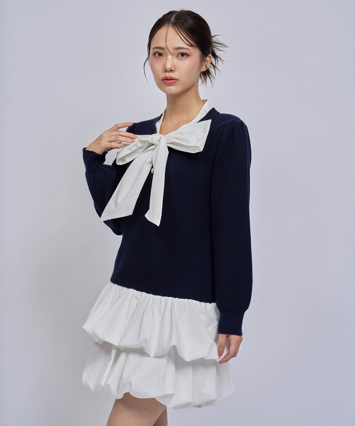 【=LOVE 大場花菜さん着用】ビッグリボンティアードニットシャツミニワンピース