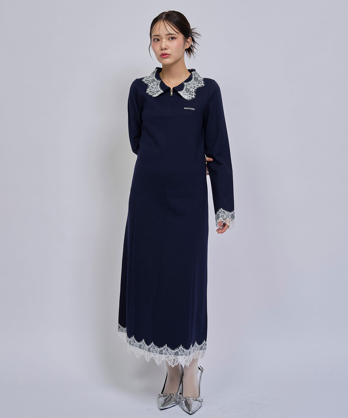 レーストリムハーフZIPポロカットロングワンピース