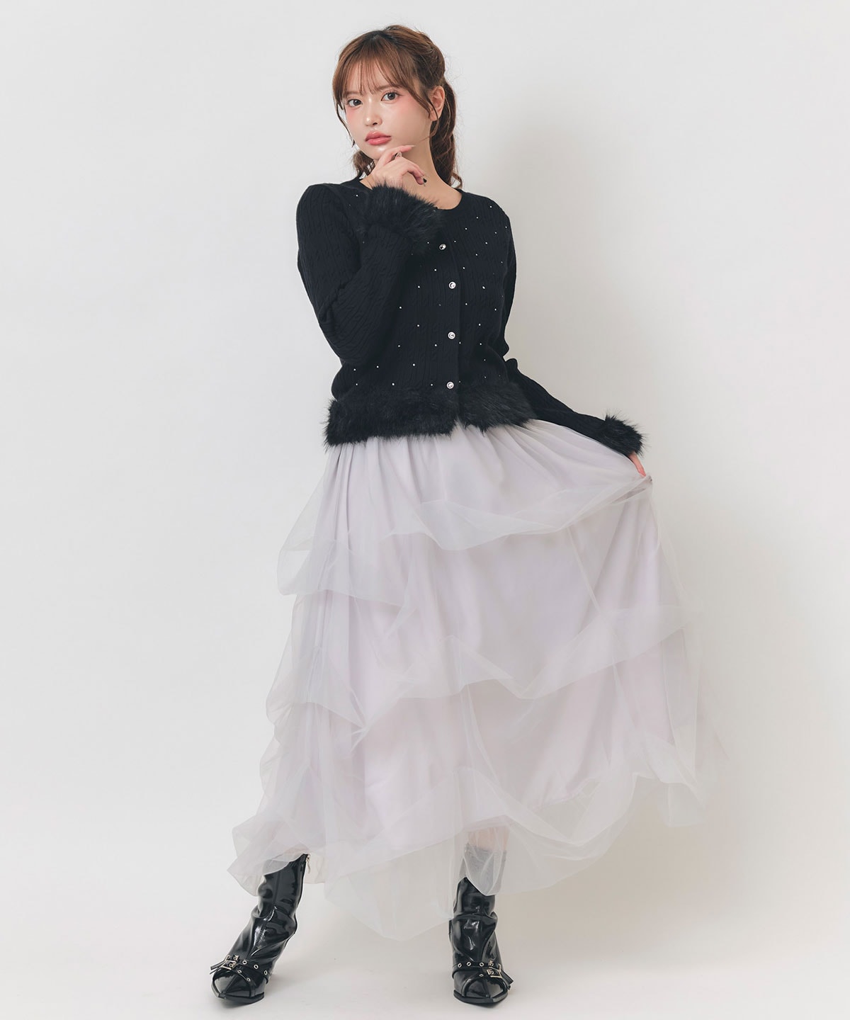 ホットフィットビジューミニケーブルファーニットカーディガン