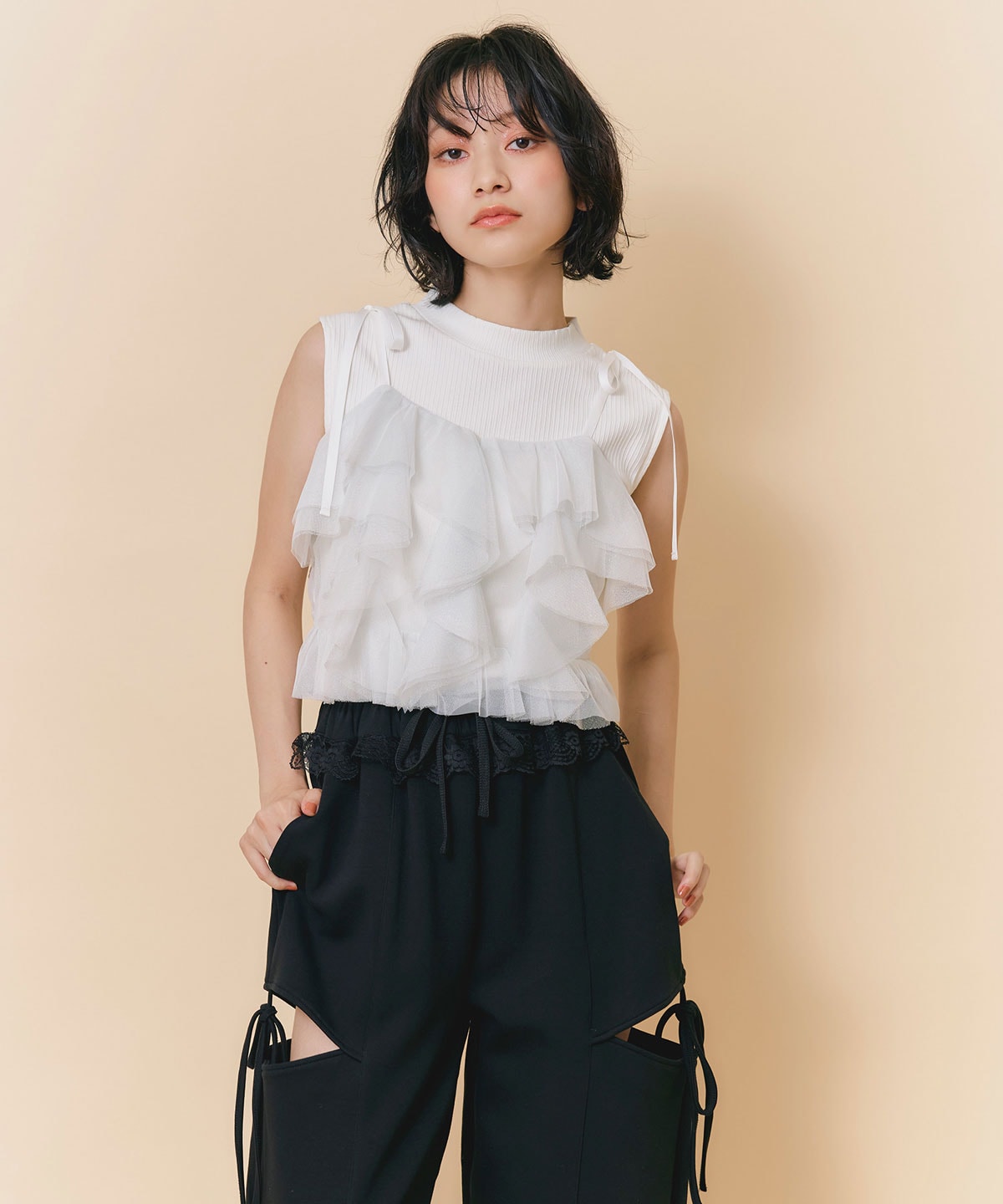ショルダーリボンビスチェ×ノースリーブニット