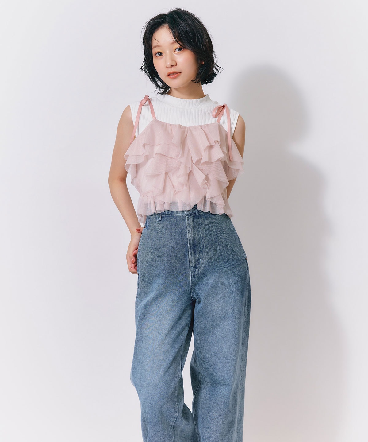 ショルダーリボンビスチェ×ノースリーブニット