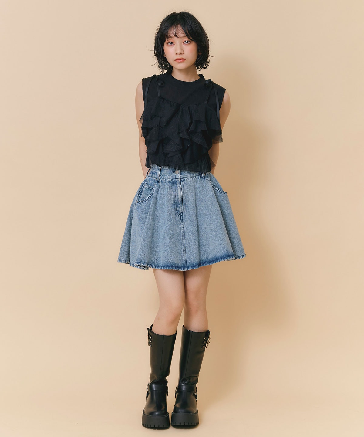 ショルダーリボンビスチェ×ノースリーブニット