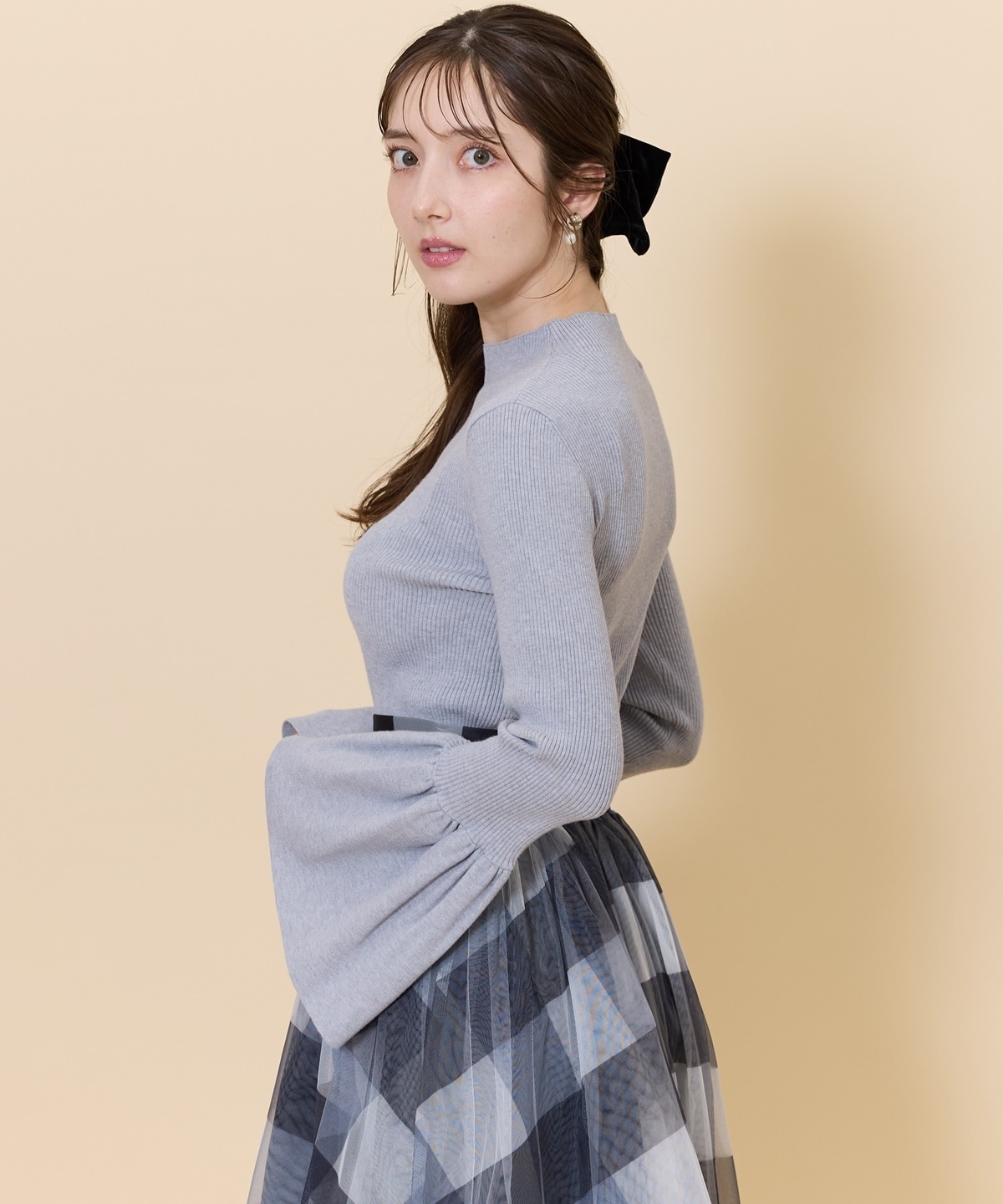 フレアスリーブボトルネックニットプルオーバー