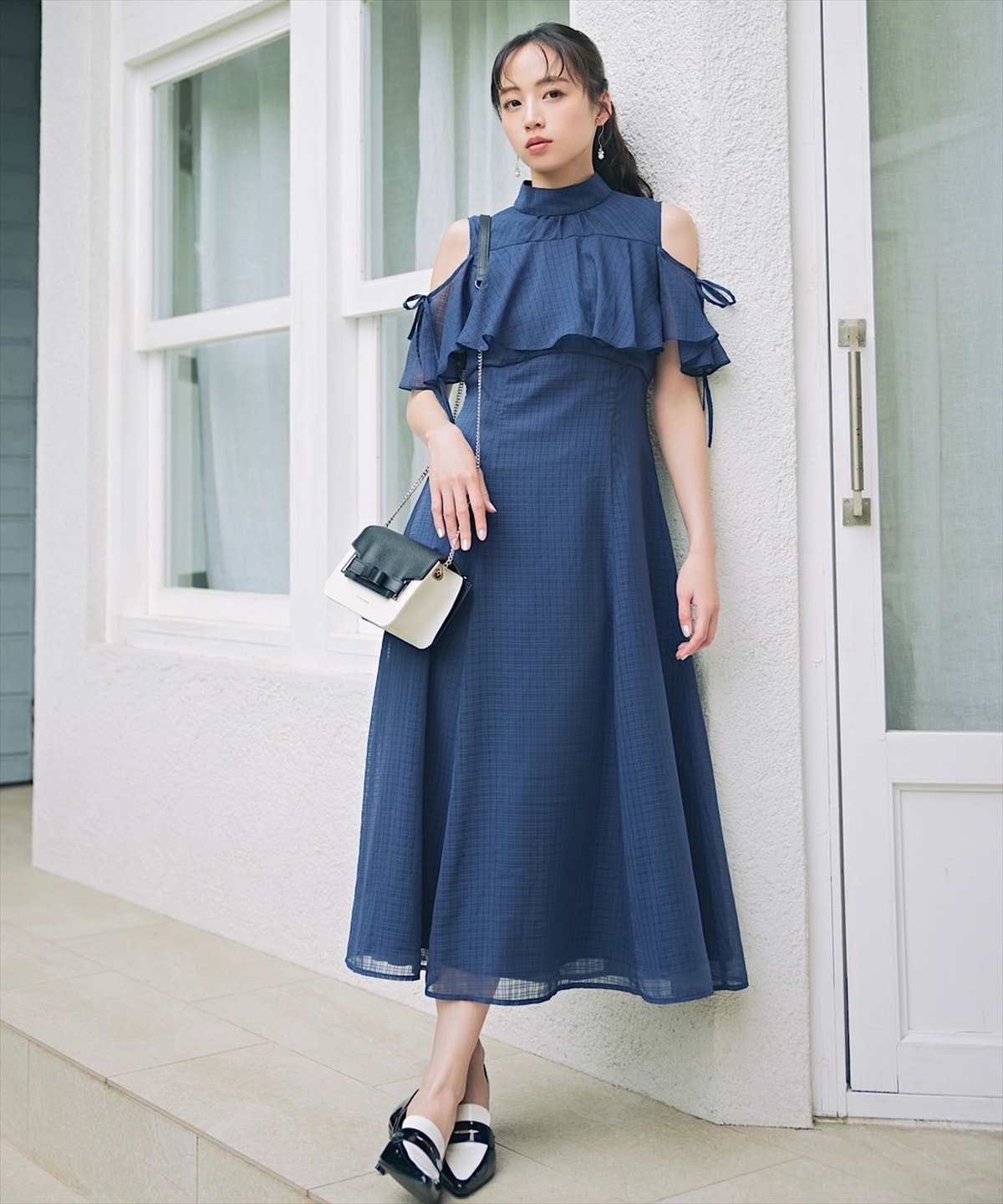 シアーチェックケープオフショルワンピース