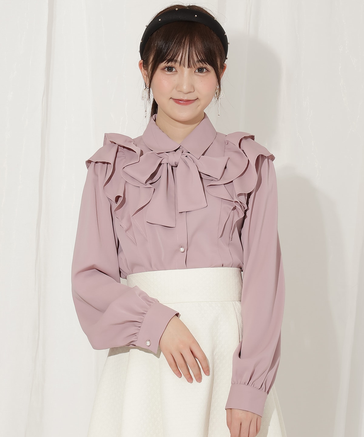 ダブルフリルリボンタイブラウス