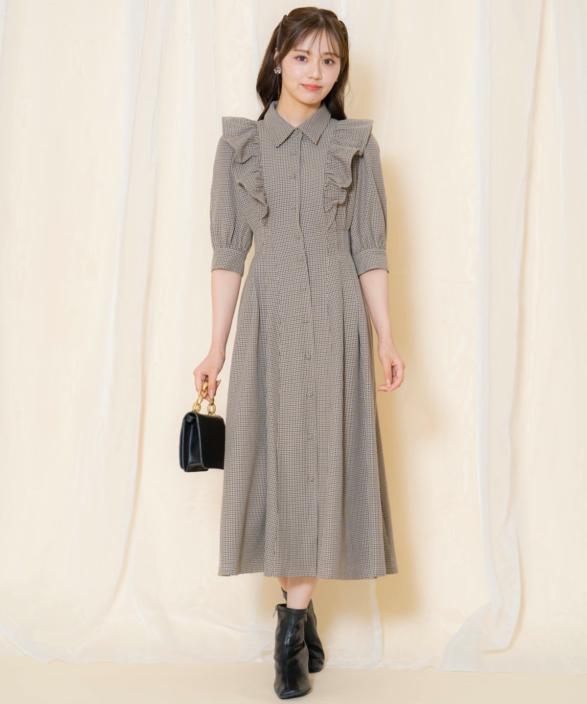 タックウエストフリルシャツワンピース