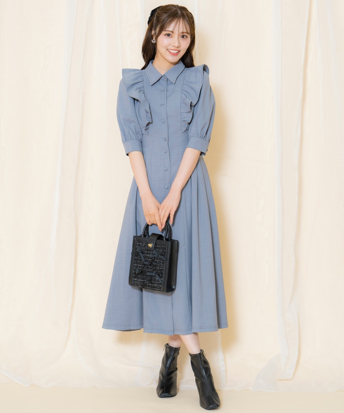 タックウエストフリルシャツワンピース