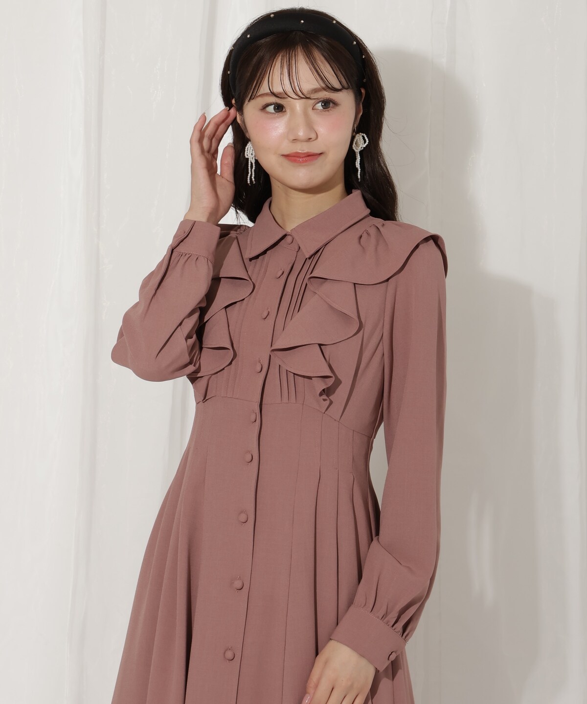 ラッフルフリルタックウエストシャツワンピース(F ピンク