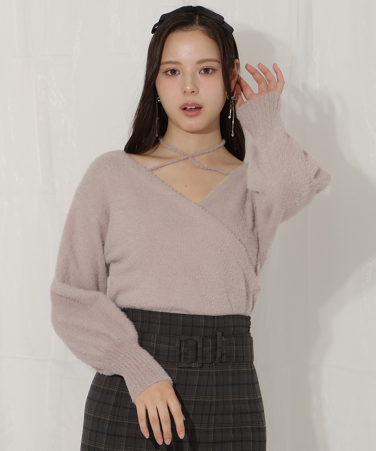 クロスネックカシュクールフェザーニット