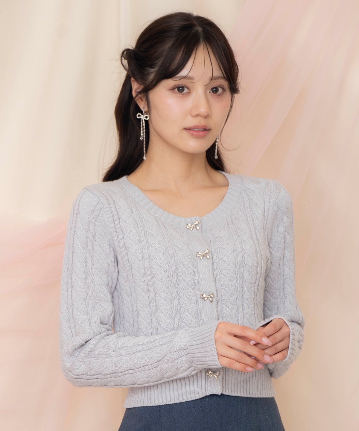 ビジューリボンケーブルカーディガン