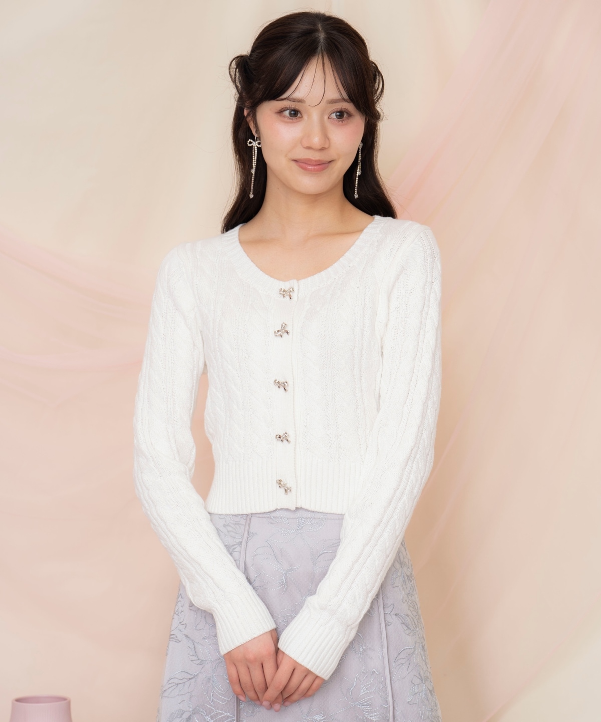 ビジューリボンケーブルカーディガン