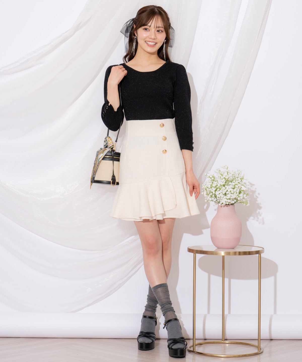 袖フラワーラメ7分袖ニットプルオーバー