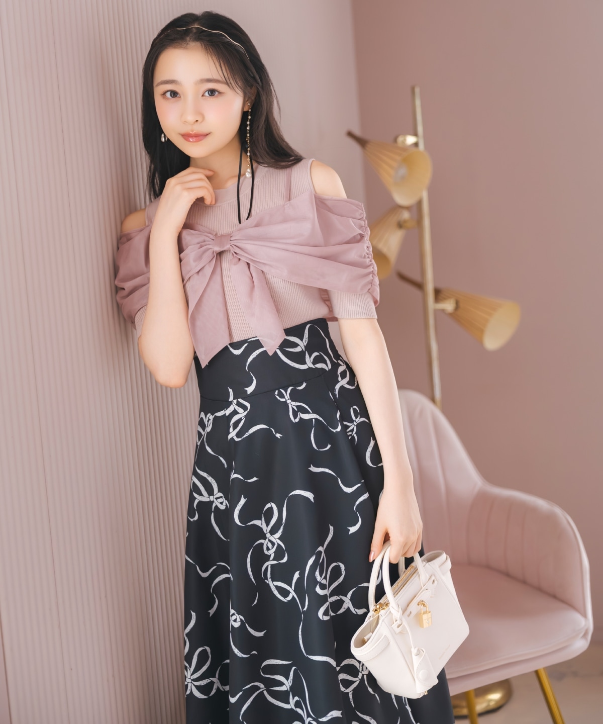 リボンプリントフレアスカート