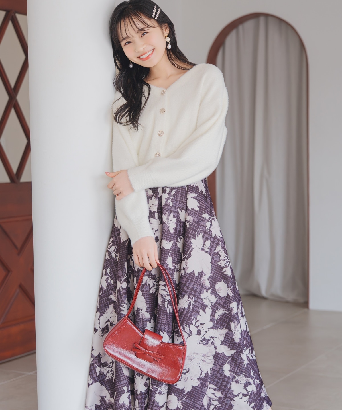 千鳥フラワープリントボリュームタックスカート