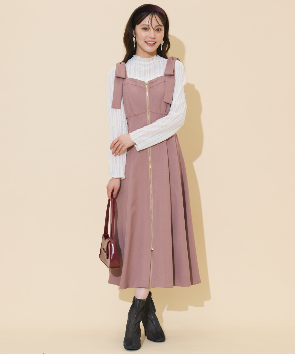 【新品】WILLSELECTION オフショルワンピース 再入荷予約受付中】ショルダーリボンフロントZIPワンピース(F