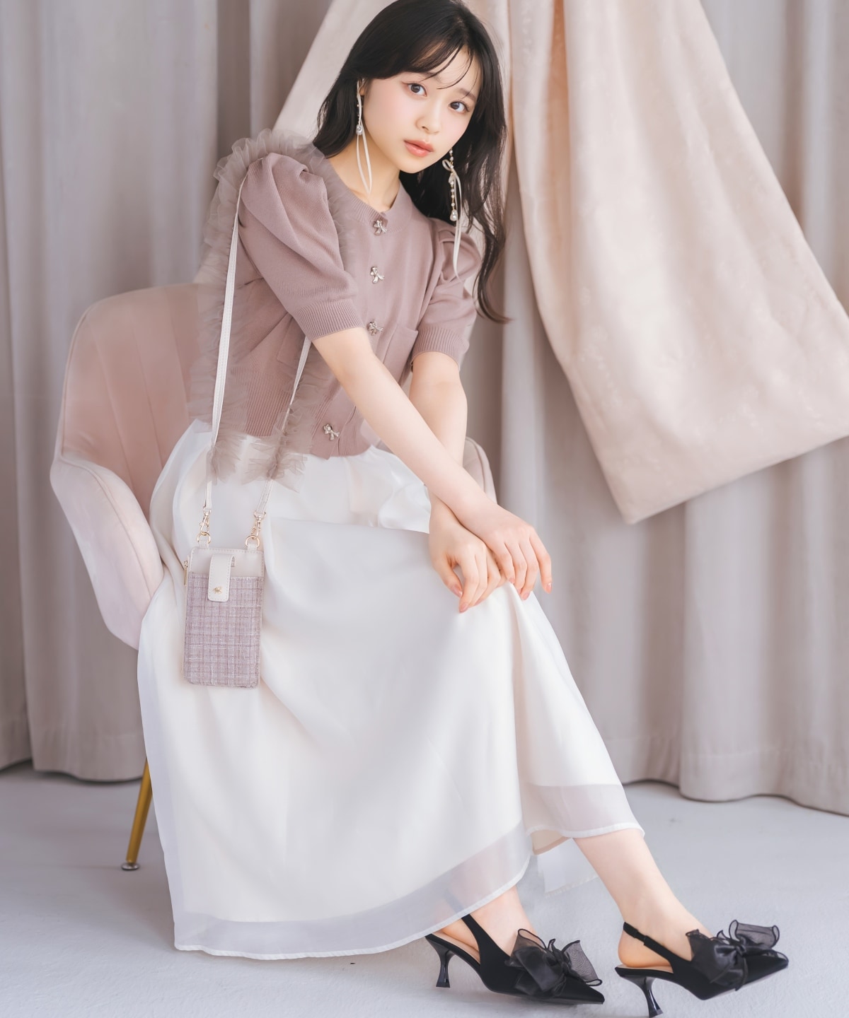 ビジューリボンタックスリーブカーディガン