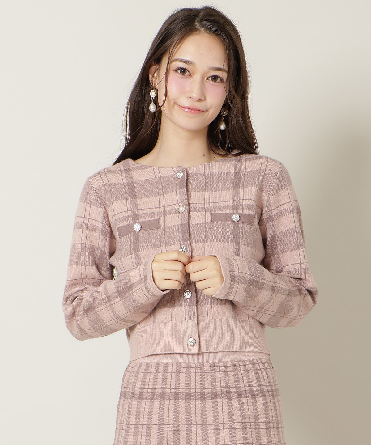 【新色追加】チェック柄ファーカフスカーディガン