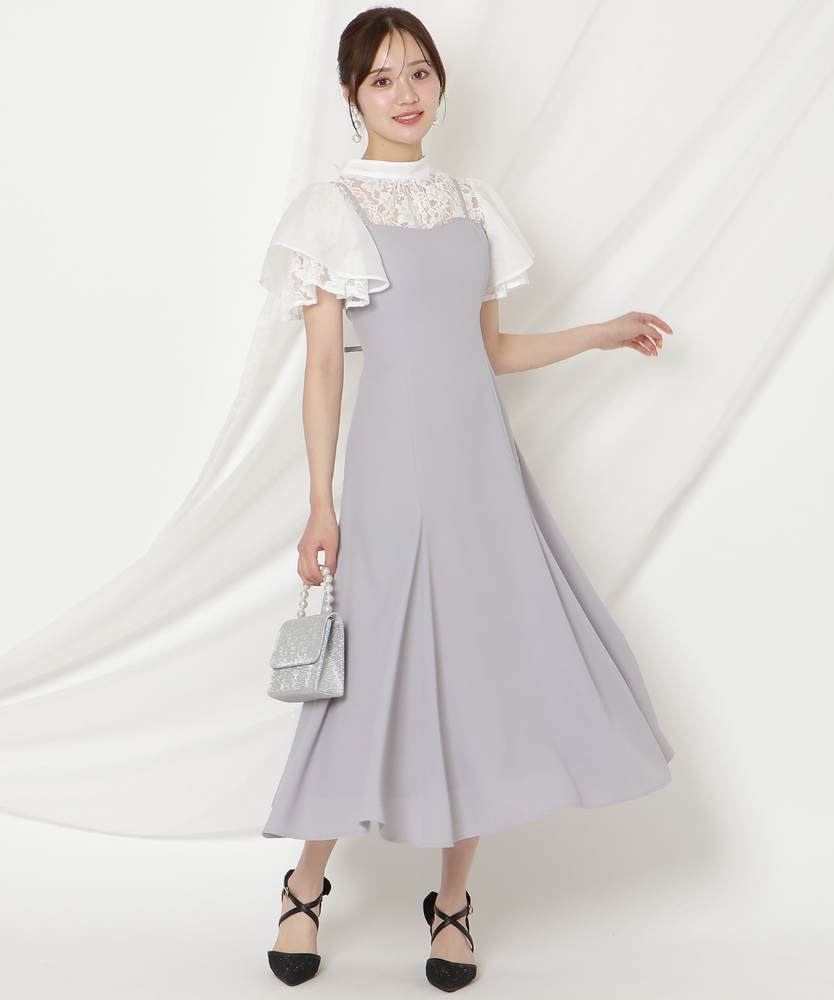 バックリボンシフォンレースブラウス×フレアロングキャミワンピース