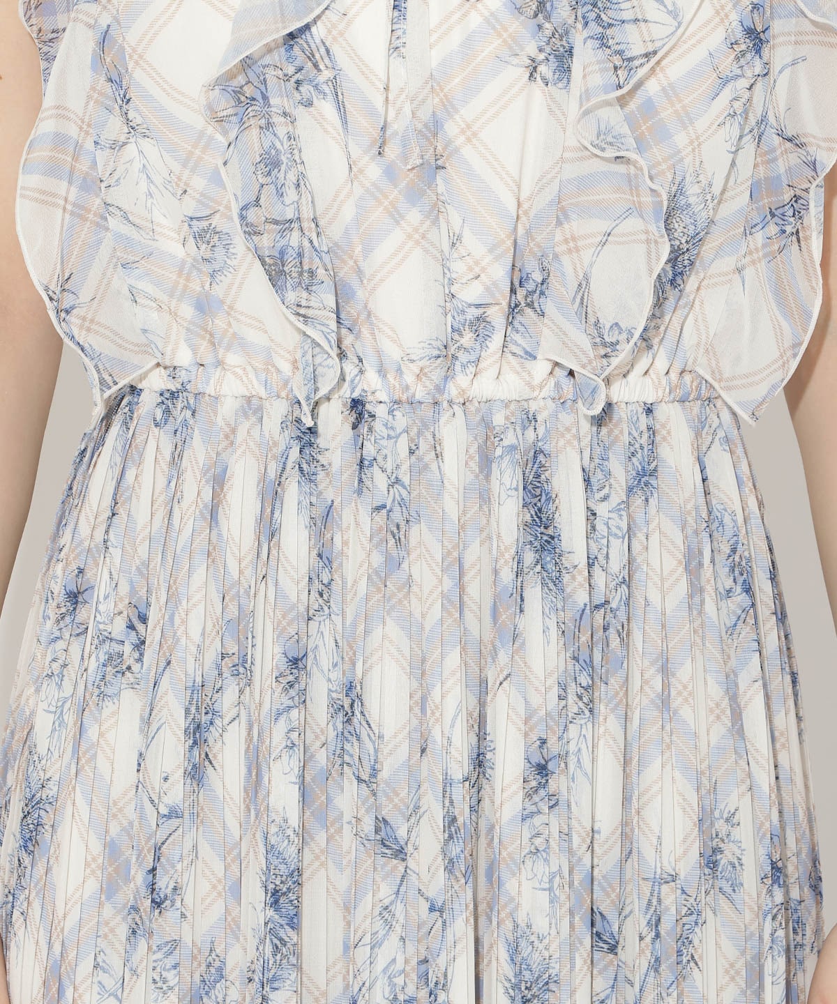 フラワーチェックプリントプリーツ切替ワンピース