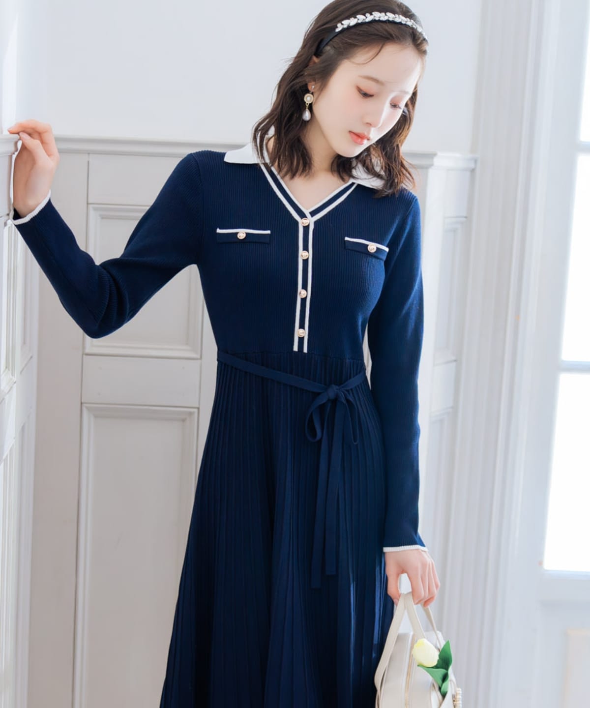 バイカラープリーツニットワンピース