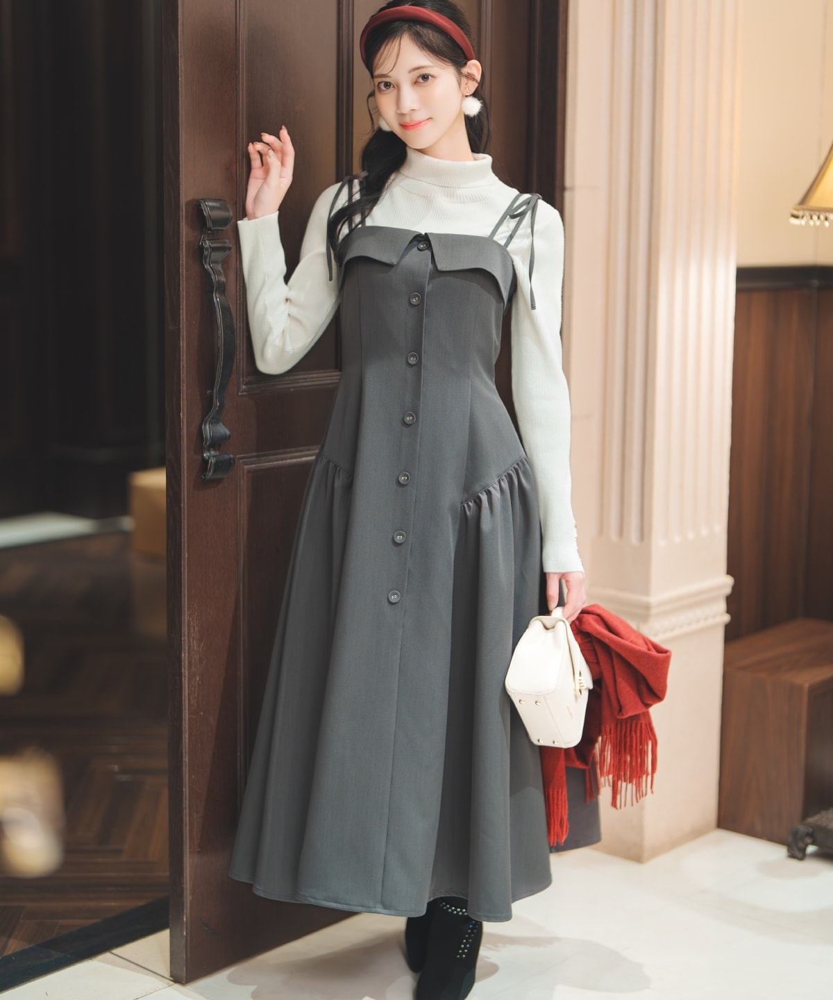 ギャザー切替ストラップキャミワンピース