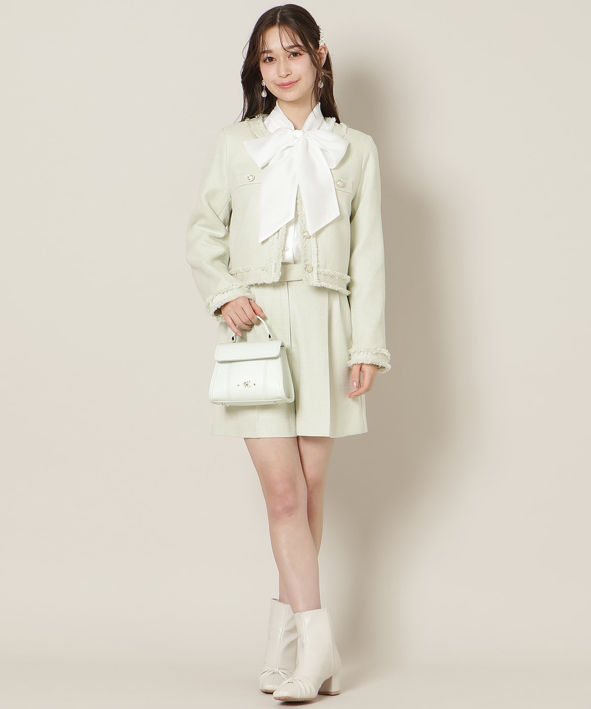 ノーカラーフリンジツイードジャケット