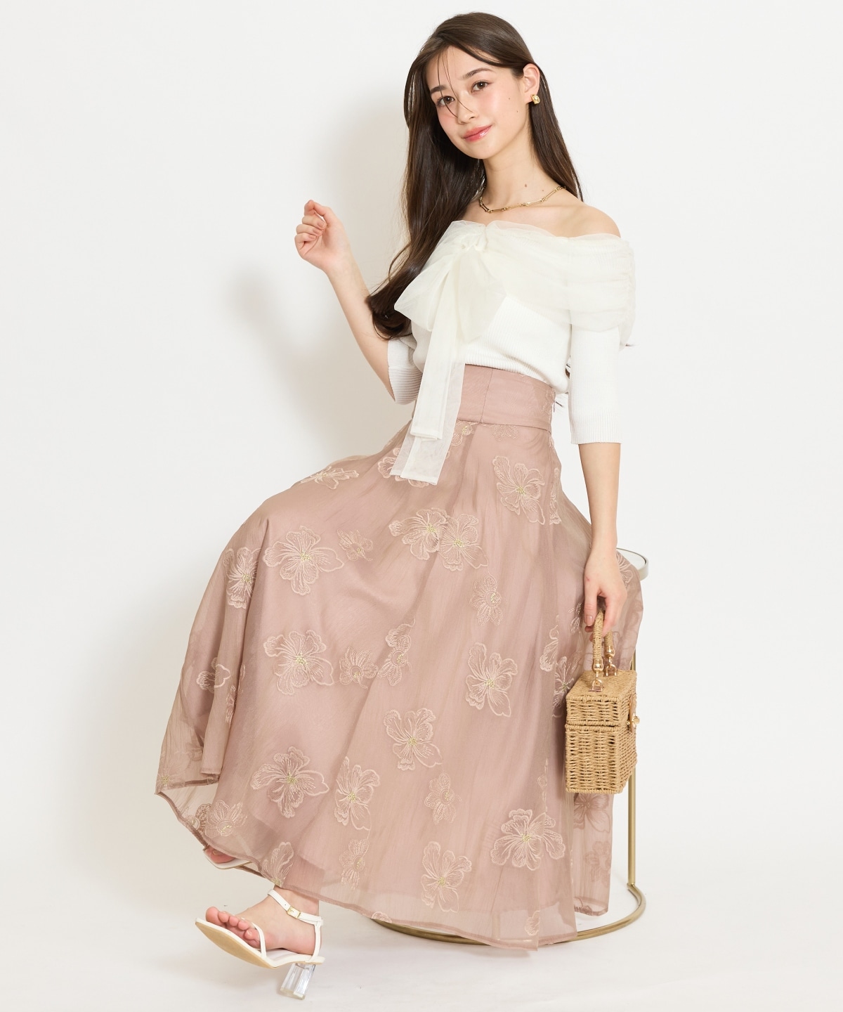 リボンチュールレイヤードリブニット