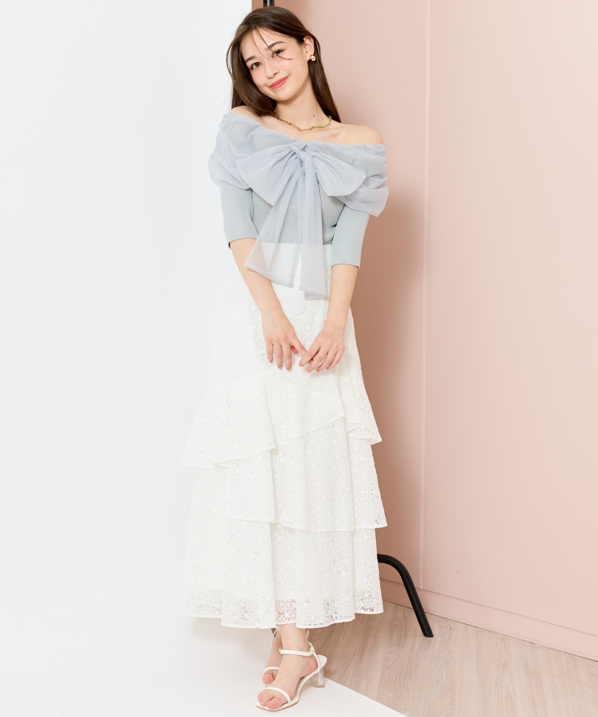 リボンチュールレイヤードリブニット